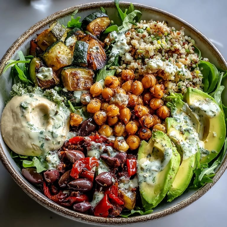 An overhead shot of a wholesome Vegan Mediterranean Buddha Bowl served in a rustic bowl, ready to be enjoyed.