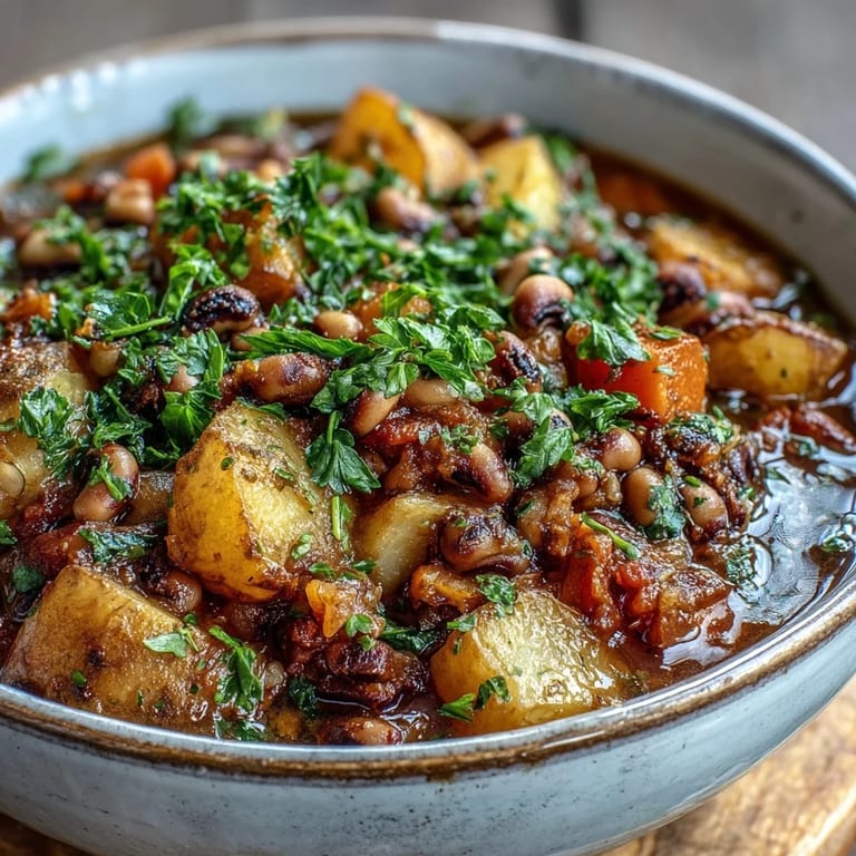 Black-Eyed Pea Stew with Chefs Touch simmering in a pot, revealing tender vegetables and savory tomato broth.