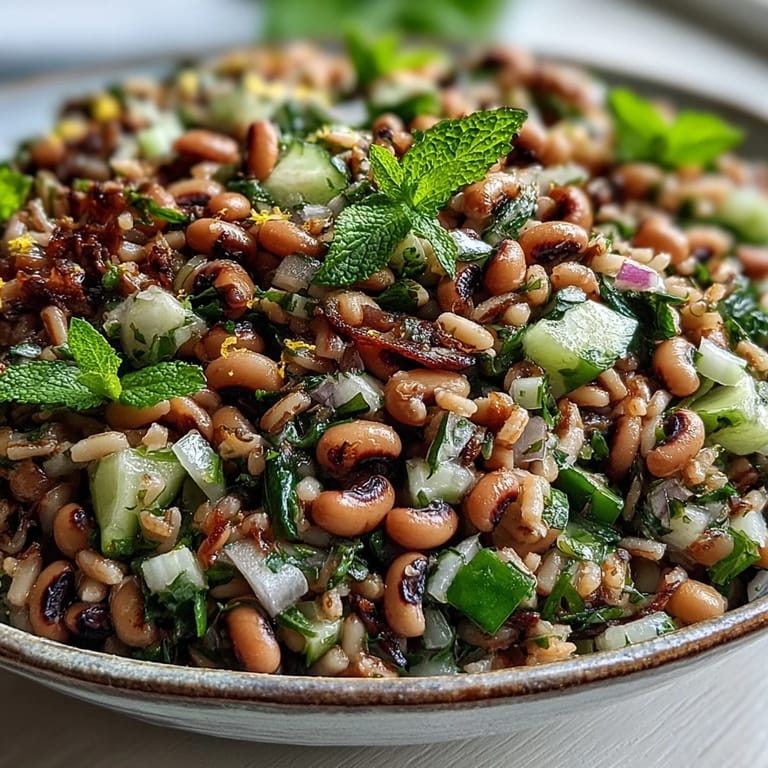 Fork-ready Southern Black Eyed Pea Salad featuring brown rice, celery, and a zesty lemon vinaigrette.