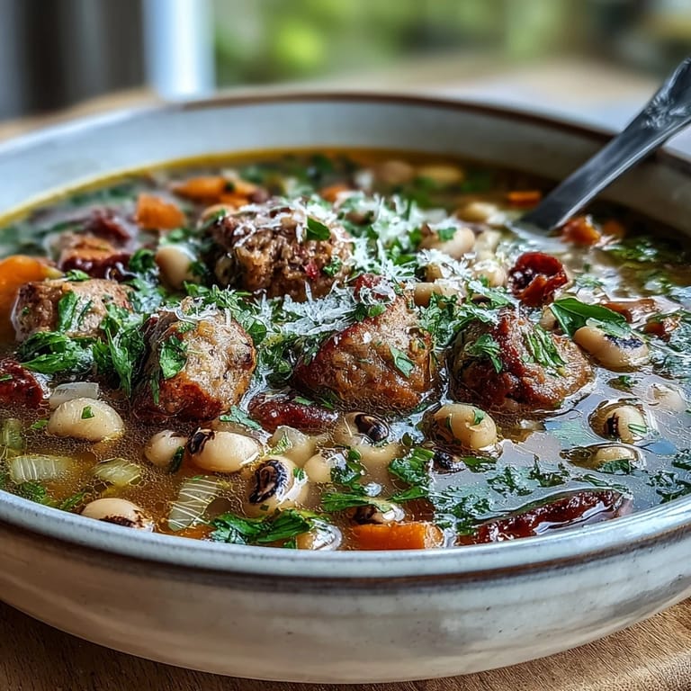 Spoon lifting a serving of Black-Eyed Peas and Sausage Soup, revealing a rich tomato and bean broth.