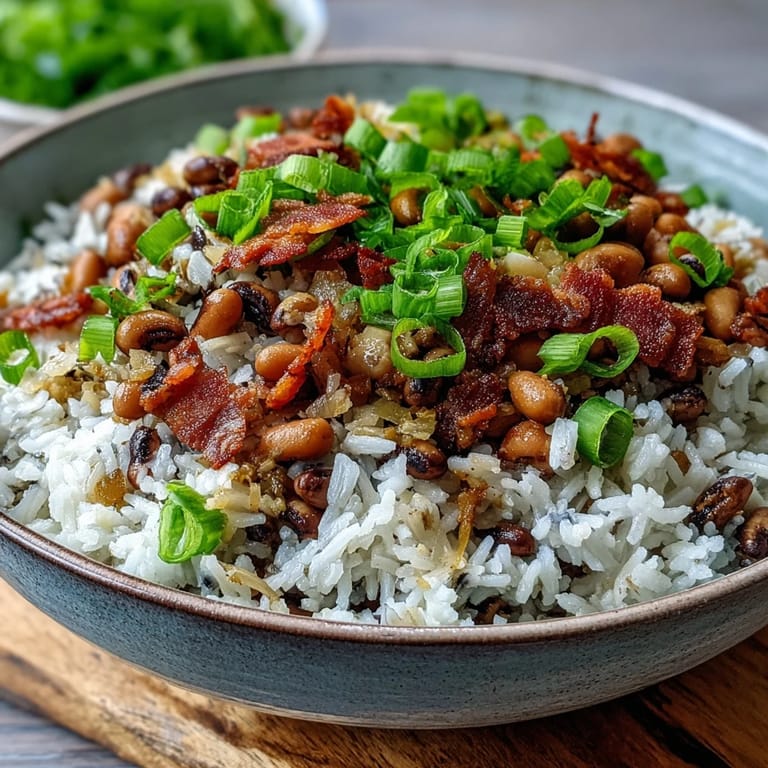 Southern Hoppin John simmered with smoky bacon, onion, and celery, ready to enjoy with hot sauce on the side.