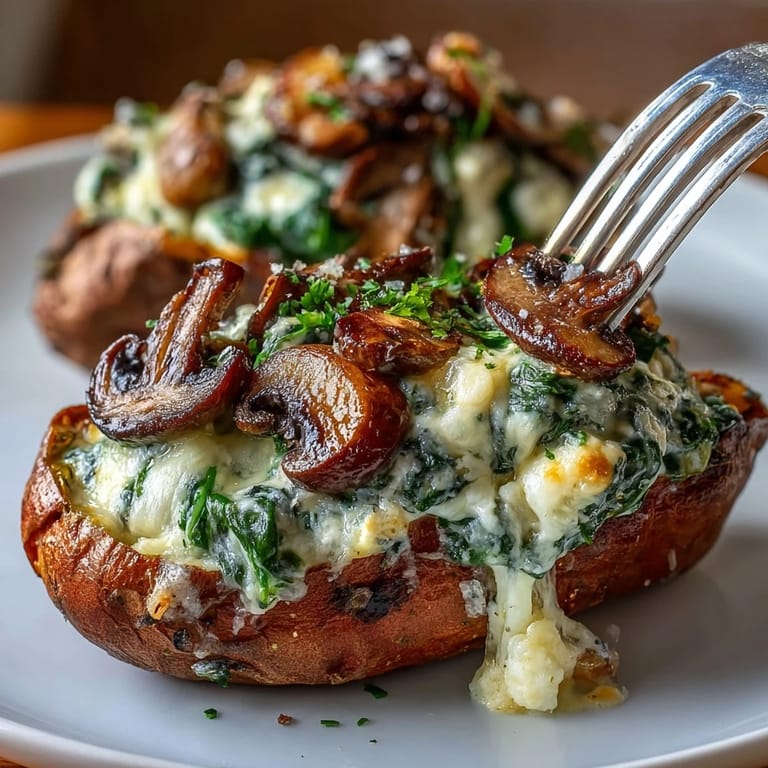 Fork holding a bite of Creamy Mushroom and Spinach Stuffed Sweet Potatoes, highlighting the savory filling.