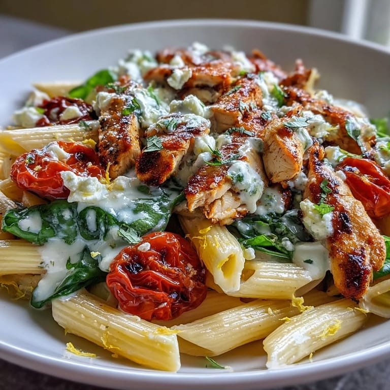 A skillet of hot Roasted Garlic & Feta Chicken Pasta garnished with fresh parsley, showcasing roasted red onions and melted feta crumbles.