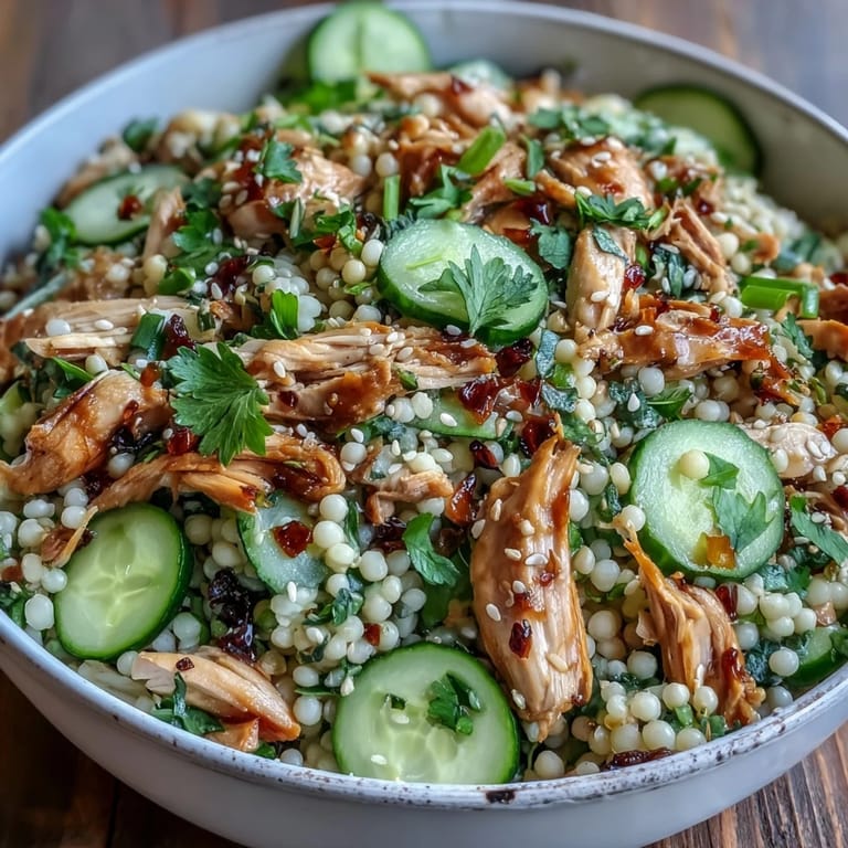 A bowl of vibrant Asian Sesame Chicken Couscous Salad features tender chicken, sliced cucumbers, and green onions tossed in a glistening sesame-soy dressing.