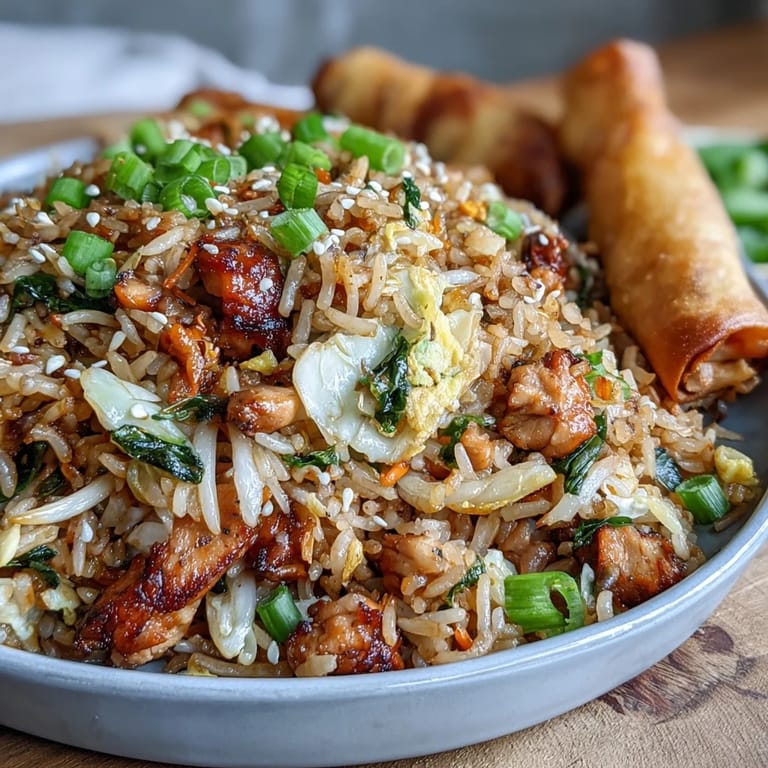 Heaping skillet of Crispy Chicken Fried Rice with Egg Roll Flavors, featuring sautéed cabbage, carrots, and fluffy jasmine rice.