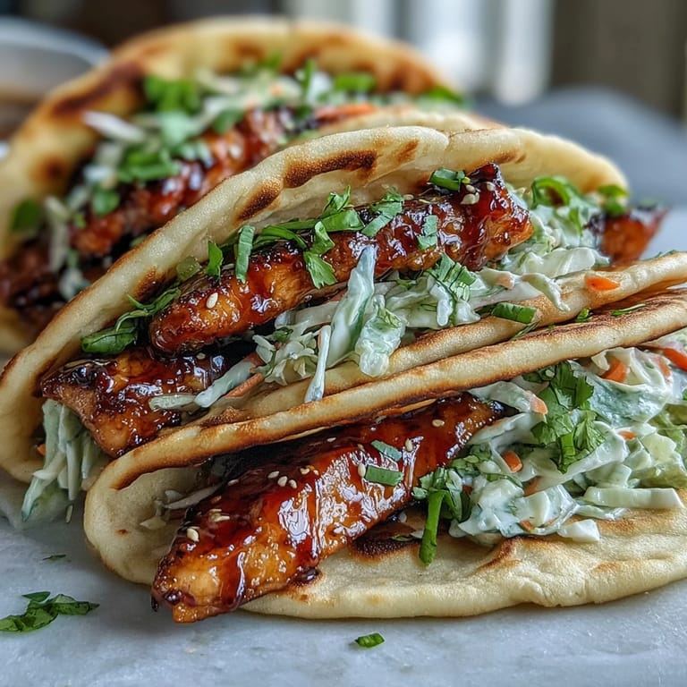 Freshly assembled Honey Garlic Naan Chicken Tacos topped with vibrant slaw and herbs.