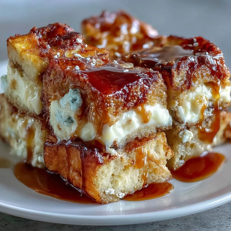 Decadent Caramel Cream Cheese French Toast Casserole on a rustic table, topped with fresh berries and sweet glaze.