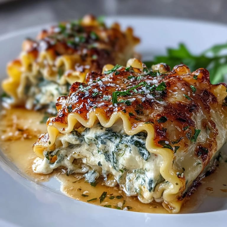 Freshly baked Garlic Butter Lasagna Roll-Ups in a ceramic dish, topped with bubbly mozzarella and chopped parsley for serving.