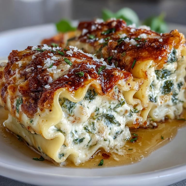 Cheesy Garlic Butter Lasagna Roll-Ups with visible spinach and herbs, resting on a plate ready to be enjoyed for dinner.