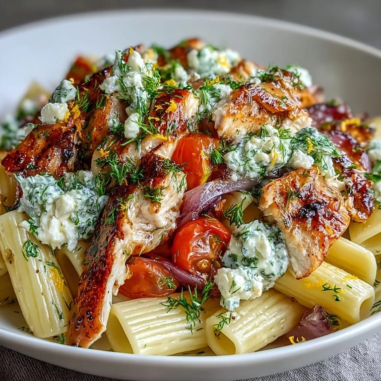 Hearty Roasted Garlic & Feta Chicken Pasta served in a skillet with fresh herbs and lemon zest.