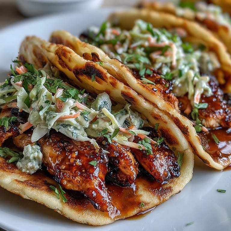 Fusion Honey Garlic Naan Chicken Tacos topped with tangy slaw and lime wedges.