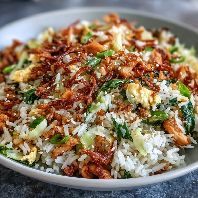 Wok-fried Crispy Chicken Fried Rice with Egg Roll Flavors with julienned carrots and fried onion topping, ready to serve.