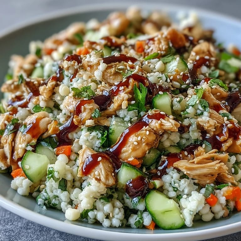 Colorful Asian Sesame Chicken Couscous Salad served in a white bowl with lime wedges and fresh mint, ready for a quick and flavorful lunch or dinner.