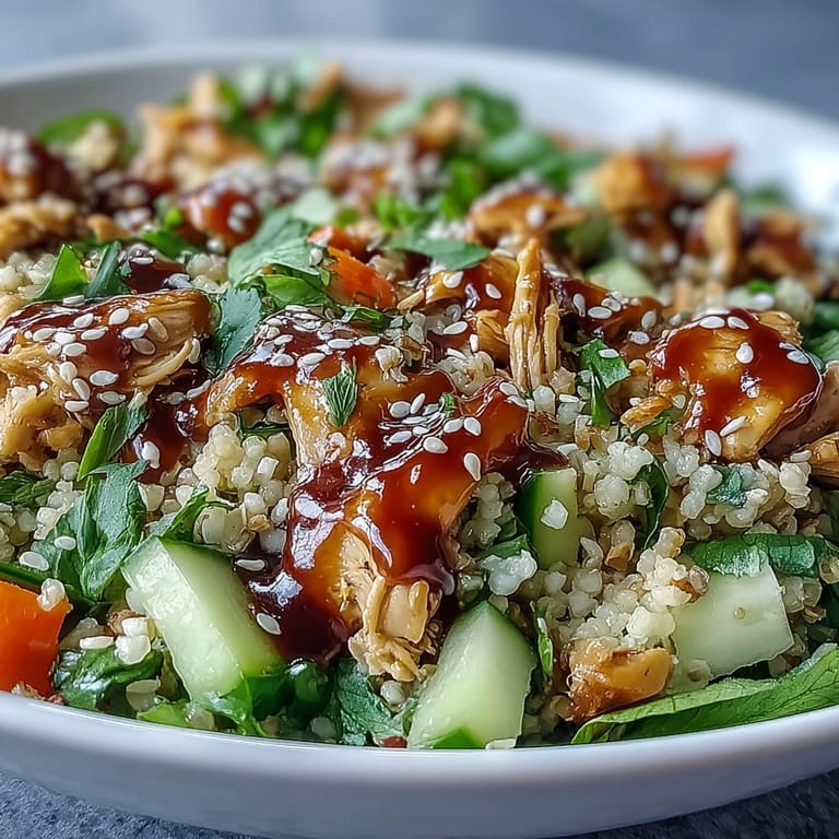 Glossy sesame-soy dressing coats tender couscous, juicy chicken, and crunchy vegetables in this vibrant Asian Sesame Chicken Couscous Salad, garnished with herbs and sesame seeds.