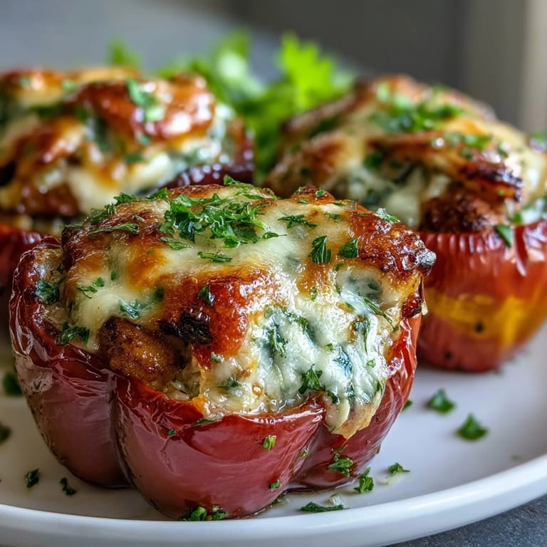 Creamy Garlic Parmesan Chicken Stuffed Peppers served on a white plate, showing a hearty chicken and rice filling.
