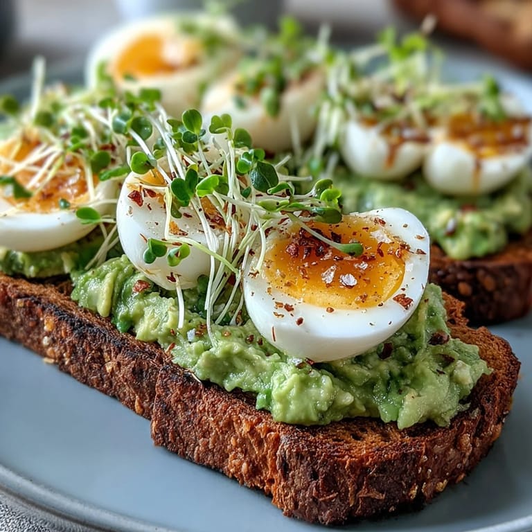 A slice of Clean Eating Avocado Toast with runny yolk soft-boiled egg, bright lemony avocado, and microgreens, ready to enjoy with olive oil and pepper flakes.