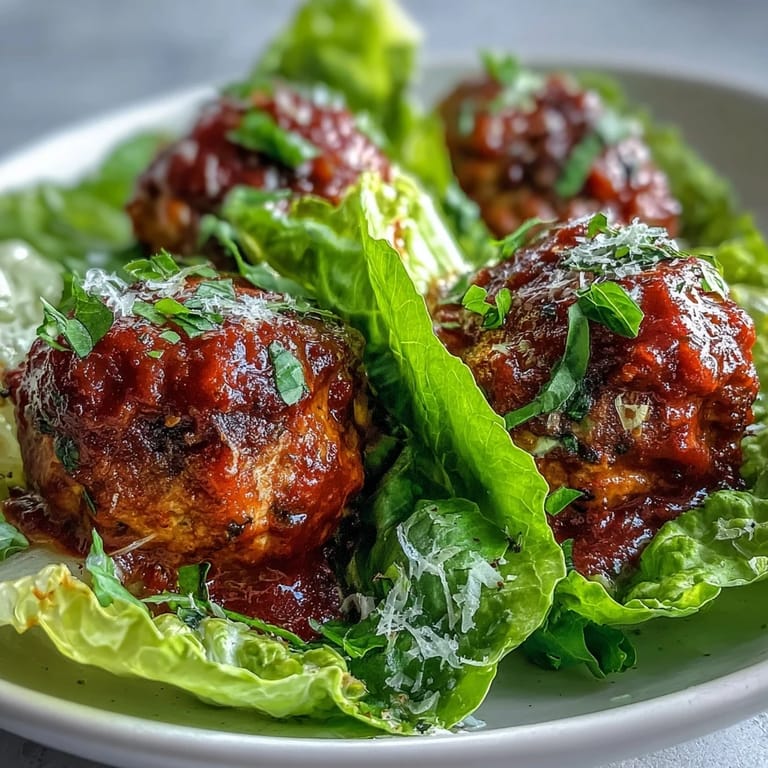 Tender baked turkey meatball lettuce wraps topped with homemade marinara and fresh basil garnish.