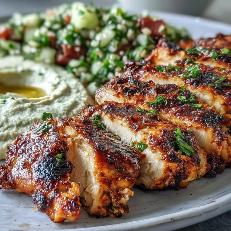 A vibrant serving of Mediterranean Grilled Chicken with Hummus and Tabbouleh, garnished with fresh parsley and lemon.