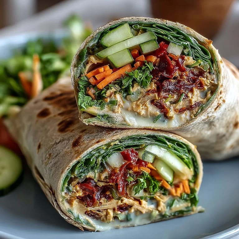 Fresh Vegan Sun-Dried Tomato Hummus Veggie Wraps rolled tightly in parchment, filled with crunchy cucumbers and red onions, perfect for a healthy Mediterranean lunch.