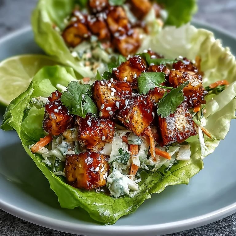 Colorful vegan lettuce cups filled with sweet chili tofu and a crisp mix of red cabbage, carrots, and bell peppers. Perfect for healthy, flavorful eating.