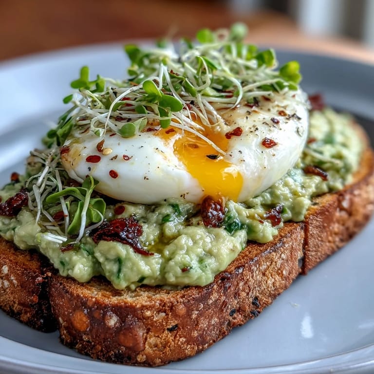 Golden sourdough toast layered with rich avocado mash, halved soft-boiled egg, and fresh microgreens, finished with a dash of chili flakes for a spicy breakfast delight.