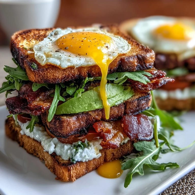 Layered sourdough avocado BLT breakfast stack with crispy bacon, juicy tomato, and perfectly runny egg for a satisfying start.