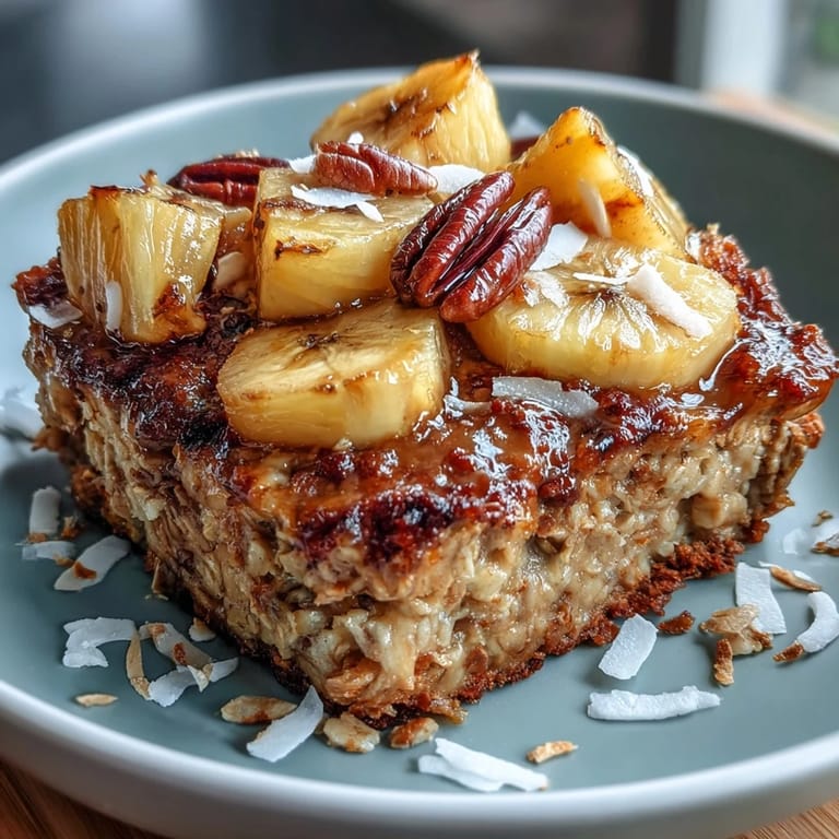 Slices of warm oatmeal bake topped with banana and coconut, served in a rustic dish for a hearty and healthy morning meal.