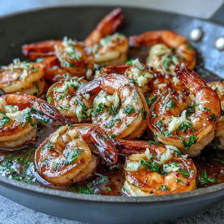 Succulent garlic butter prawns with a hint of red pepper flakes, perfect for an elegant seafood appetizer.