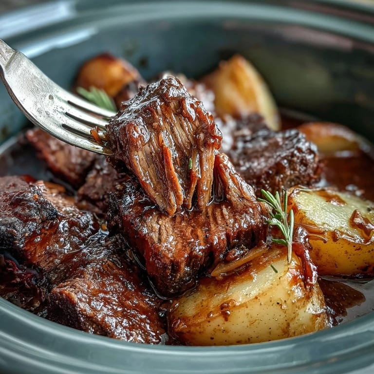 Comforting pot roast slow cooker recipe, rich onion gravy and tender vegetables make a hearty family dinner.