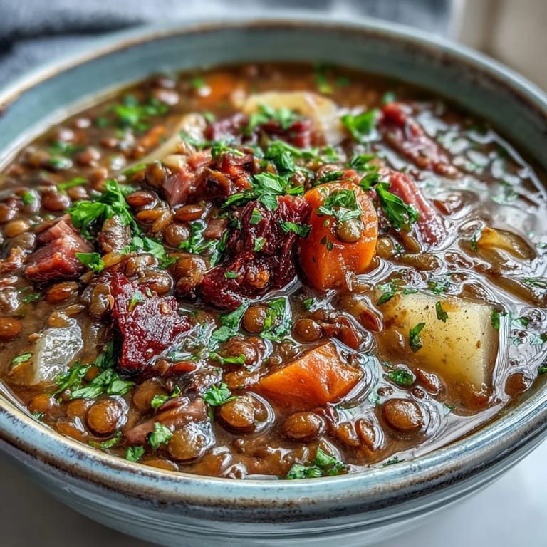 Homemade ham bone and lentil soup featuring a medley of sautéed root vegetables, fresh herbs, and tender lentils in a savory broth.