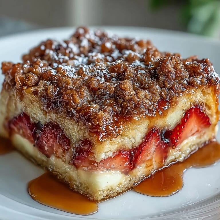 Make-ahead strawberry French toast casserole with creamy custard-soaked brioche, baked until golden and dusted with powdered sugar for a festive brunch centerpiece.