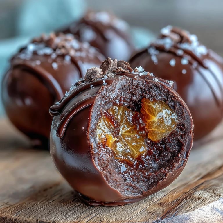 Decadent homemade dark chocolate truffles filled with sweet candied orange, perfect for gifting or indulging.