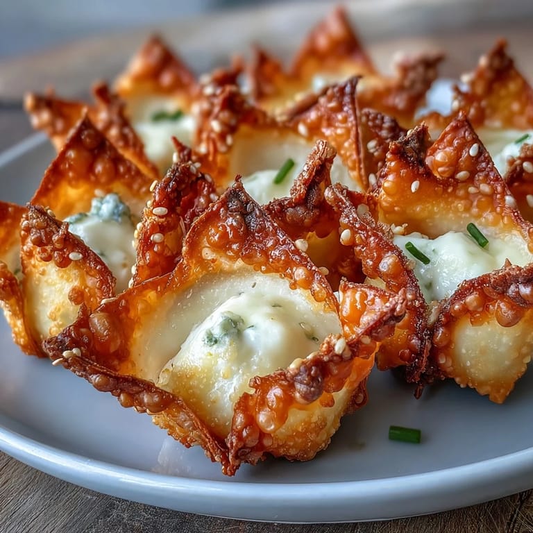 Golden-brown wontons with a luscious cream cheese center, garnished with fresh chives and ready for your appetizer spread.