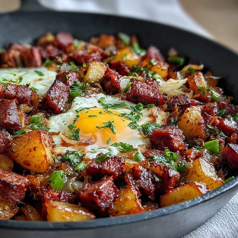 Comforting corned beef hash with tender potatoes, bell peppers, and fried eggs served hot from the skillet.