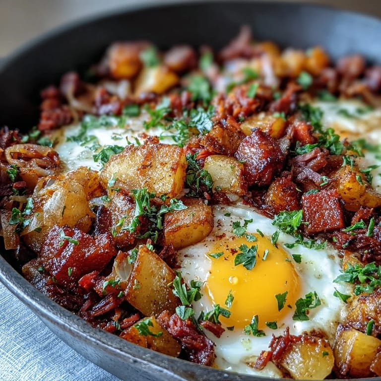 Golden-brown corned beef hash skillet with sautéed vegetables and sunny-side-up eggs, a classic American breakfast favorite.  