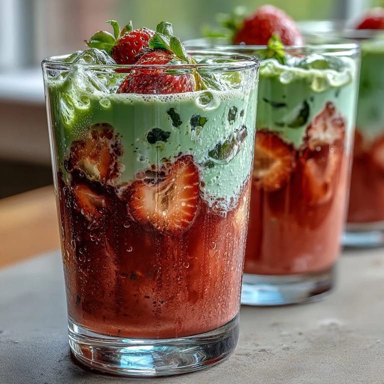 Two tall glasses filled with a refreshing dairy-free strawberry matcha iced latte, blending sweet strawberry, earthy matcha, and smooth coconut milk for a summer-ready drink.