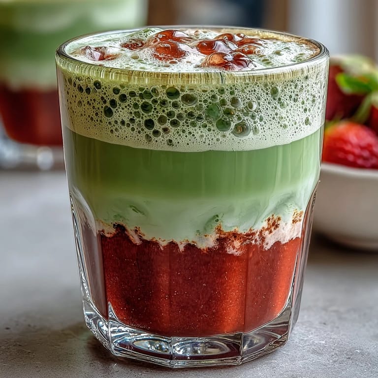 Two glasses of refreshing strawberry matcha latte with oat milk foam, perfect for a dairy-free, vegan-friendly summer drink.