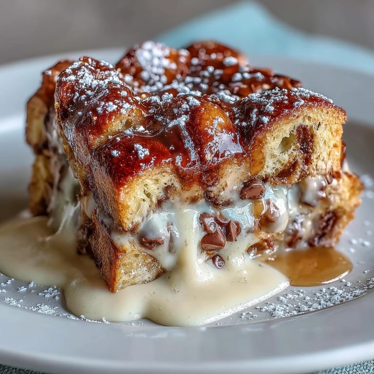 Warm chocolate croissant bread pudding baked until golden, featuring rich custard and semisweet chocolate chunks in every bite.