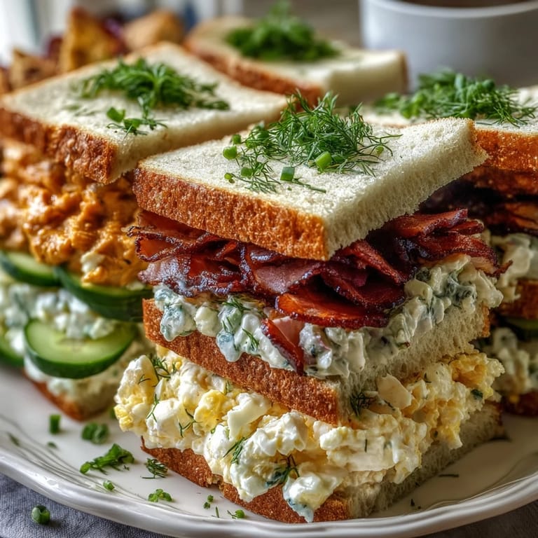 Colorful assortment of Kentucky Derby Tea Sandwiches with creamy egg salad, crisp cucumber, and savory ham on soft white and rye bread.
