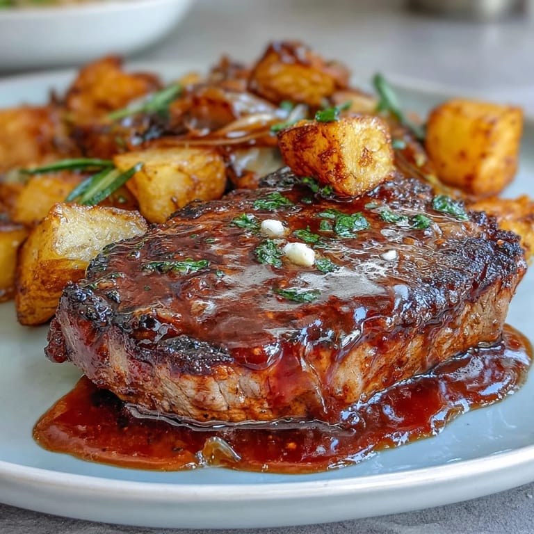 Tender sirloin cubes and baby Yukon Gold potatoes tossed in rich garlic butter sauce, garnished with fresh parsley and lemon zest.  