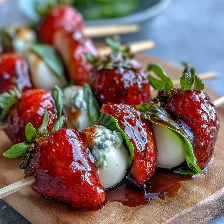 Colorful strawberry caprese skewers with fresh basil and mozzarella, drizzled with balsamic glaze for a refreshing, easy appetizer.