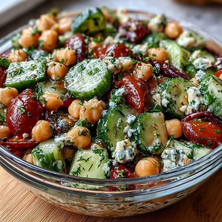 Bright and refreshing Healthy Easy Cucumber Chickpea Salad with Lemon Vinaigrette, showcasing crisp cucumbers, cherry tomatoes, and chickpeas in a clear glass bowl.