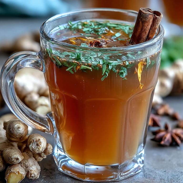 Cozy herbal tea featuring roasted dandelion root, fresh ginger, and turmeric, served in a rustic mug with lemon and honey.