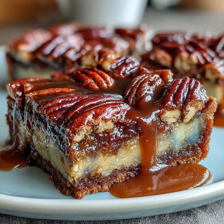 Rich pecan pie bars topped with bourbon glaze, buttery shortbread base and toasted nuts offering a decadent, melt-in-your-mouth dessert experience.