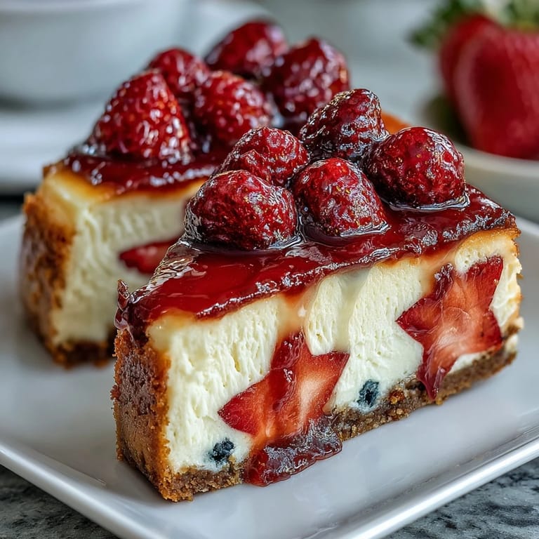 Creamy, chilled cheesecake with vibrant blueberries and strawberries arranged in patriotic stripes, perfect for Independence Day gatherings.  