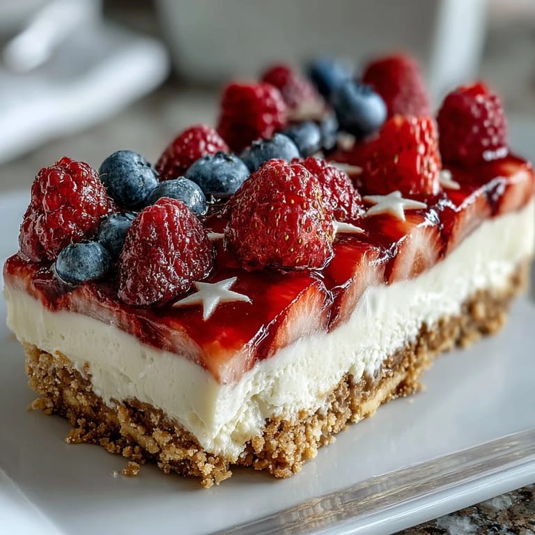 No-bake cheesecake flag cake featuring smooth filling, graham cracker crust, and fresh berries for a stunning holiday dessert centerpiece.