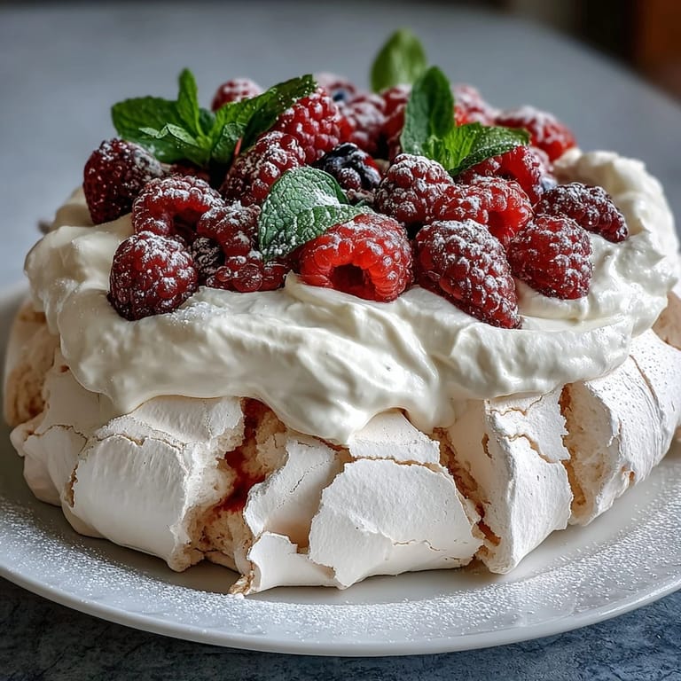 Crispy meringue base crowned with clouds of whipped cream and an artful arrangement of fresh strawberries, raspberries, blueberries, and blackberries.