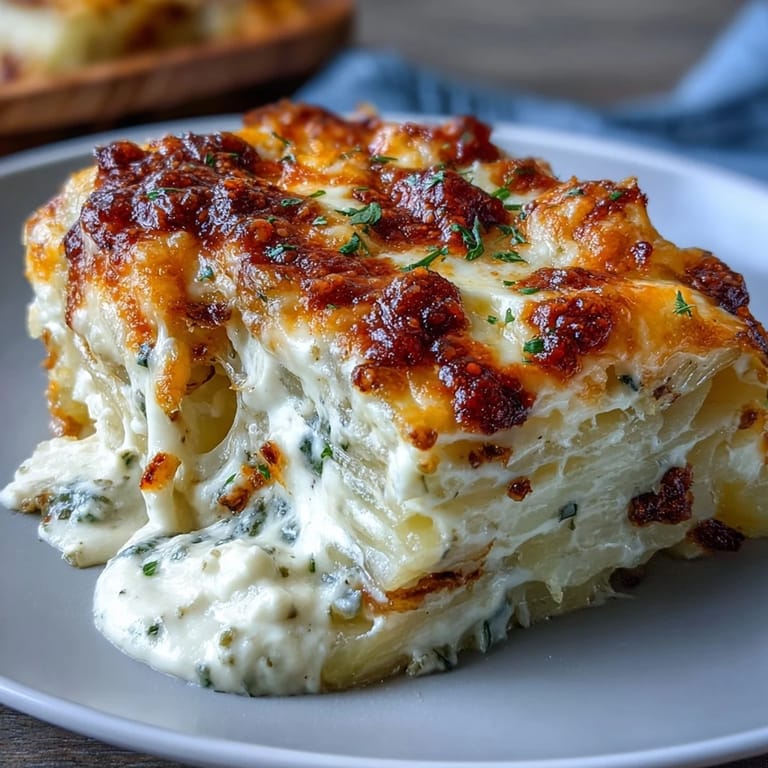 Aromatic scalloped potatoes with caramelized onions, smothered in rich cheese sauce, baked to golden, bubbly perfection.