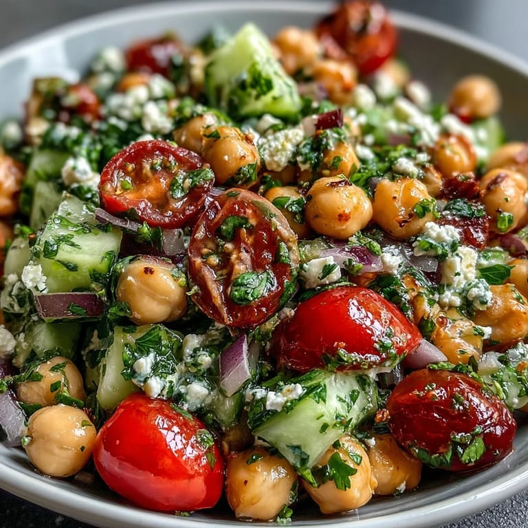 Refreshing cold chickpea salad featuring lemon-herb dressing, crunchy vegetables, and optional feta for a creamy Mediterranean flavor.