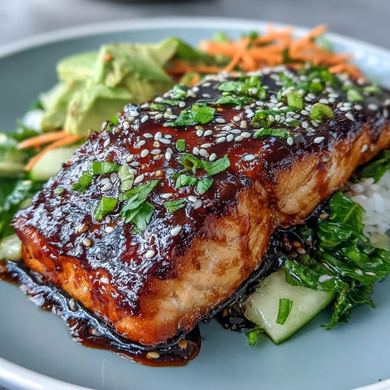 Glazed teriyaki salmon served over jasmine rice with crisp cucumber, carrot, and creamy avocado slices for a vibrant meal.